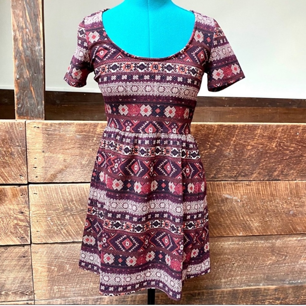 XX1 Indie Aztec Tribal Print Skater Dress in Oxblood & Sienna Earthtones
